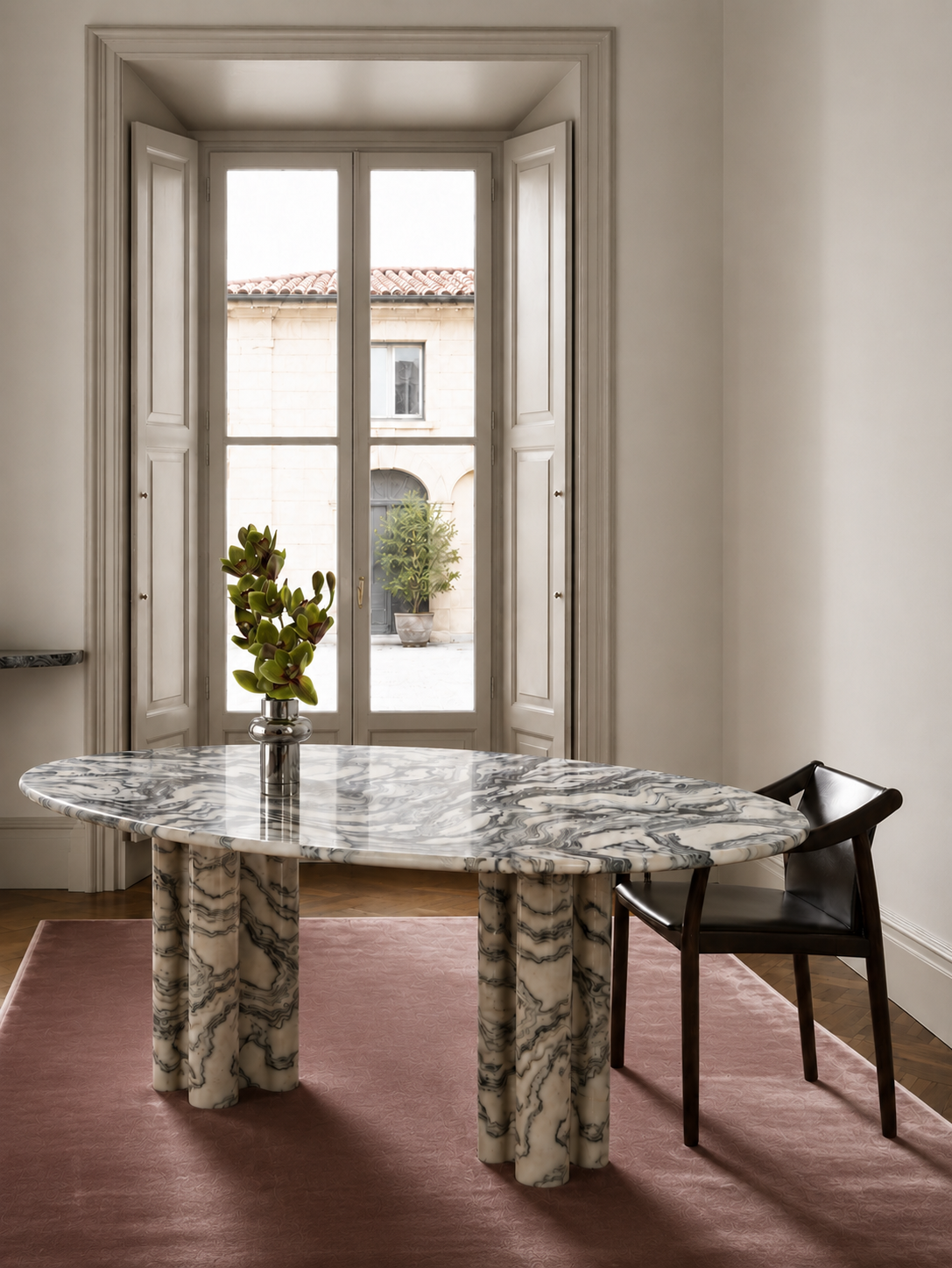 Ombra Villa dining room in Piemonte with oval marble table by Studio IB Milano