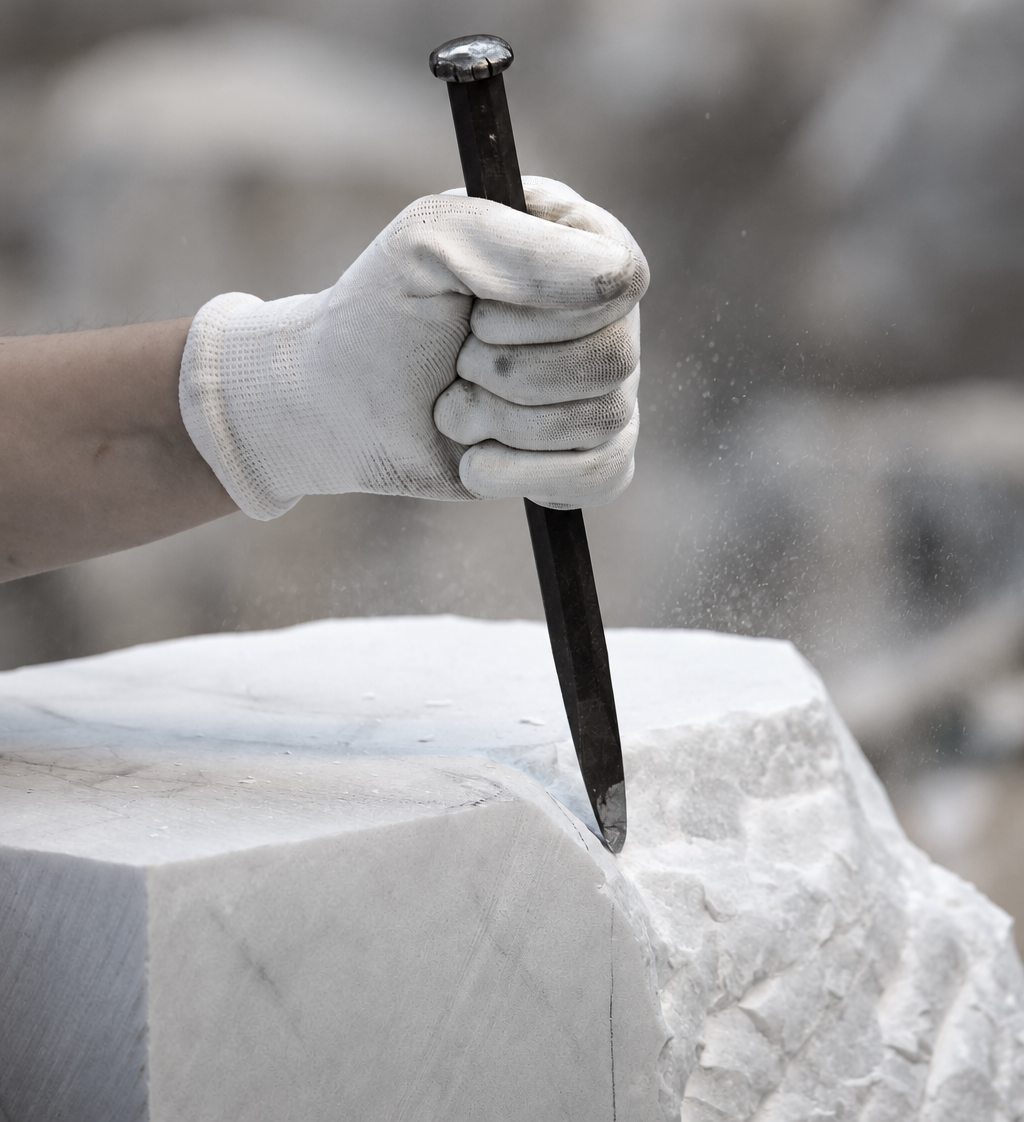 Italian stone artisan hand-finishing a marble surface