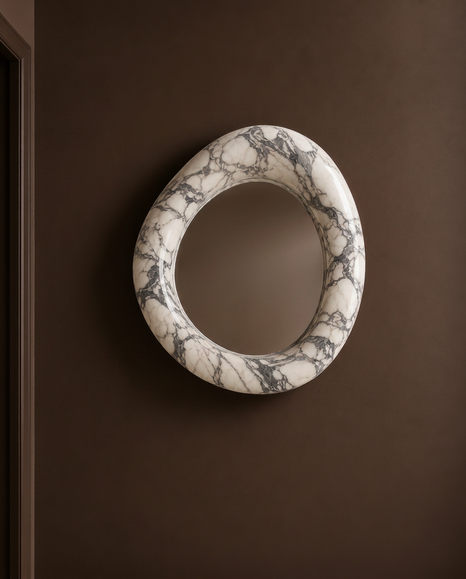Uovo marble mirror in Arabescato marble, handcrafted by Studio IB Milano