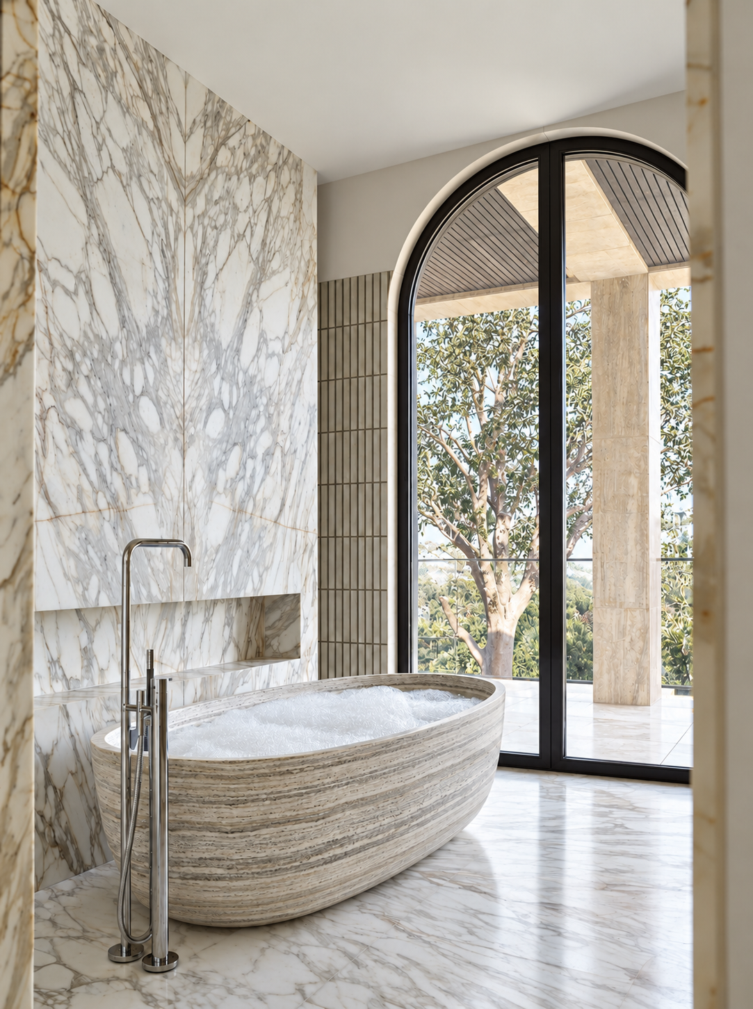 Oval travertine bathtub in a custom marble bathroom by Studio IB Milano