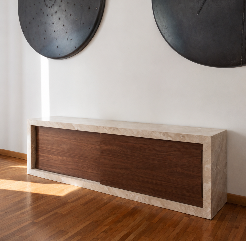 Warm contemporary interior composed with natural stone